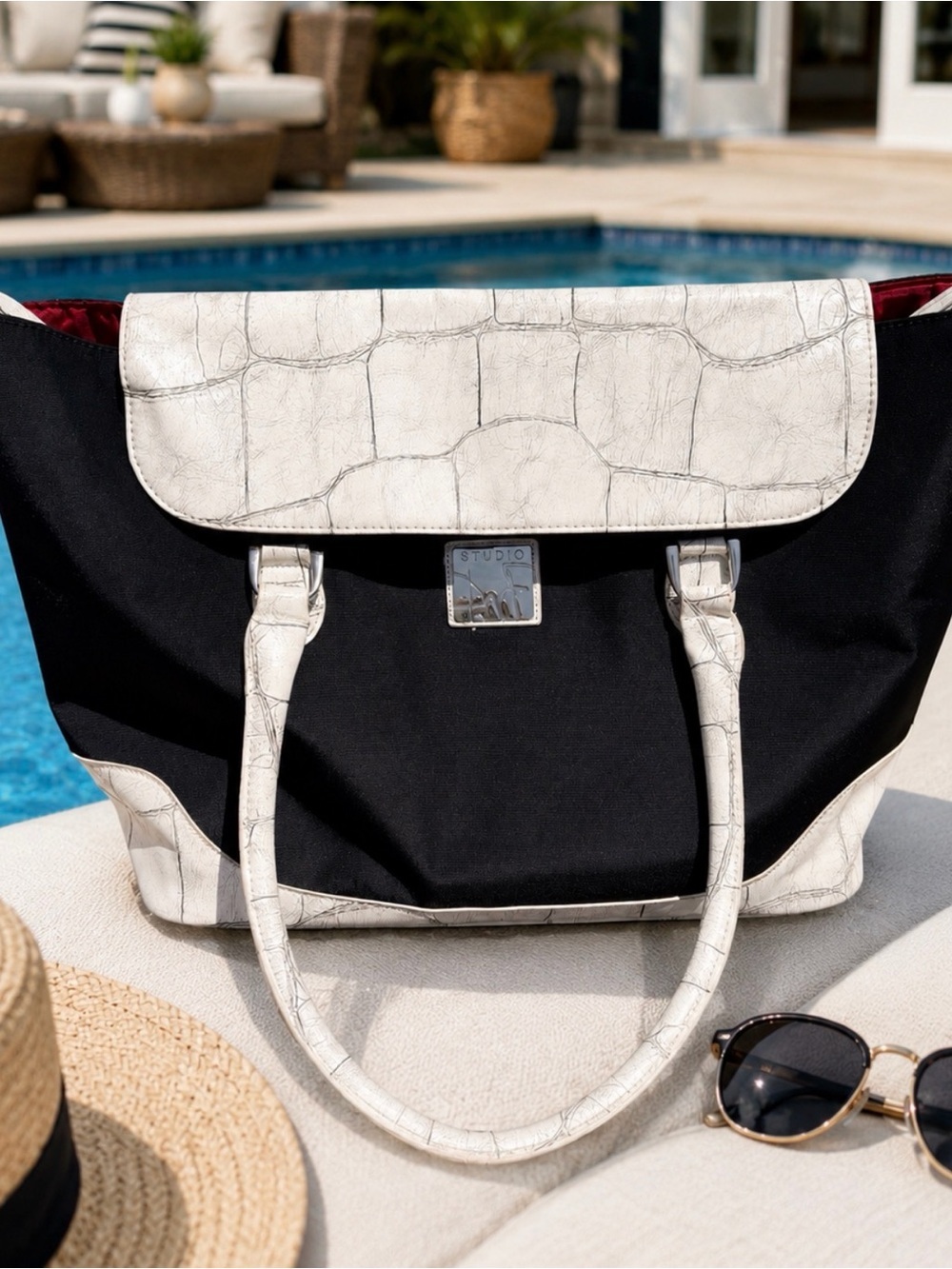Diane Von Furstenberg Black Tote with White Croc-Embossed Trim